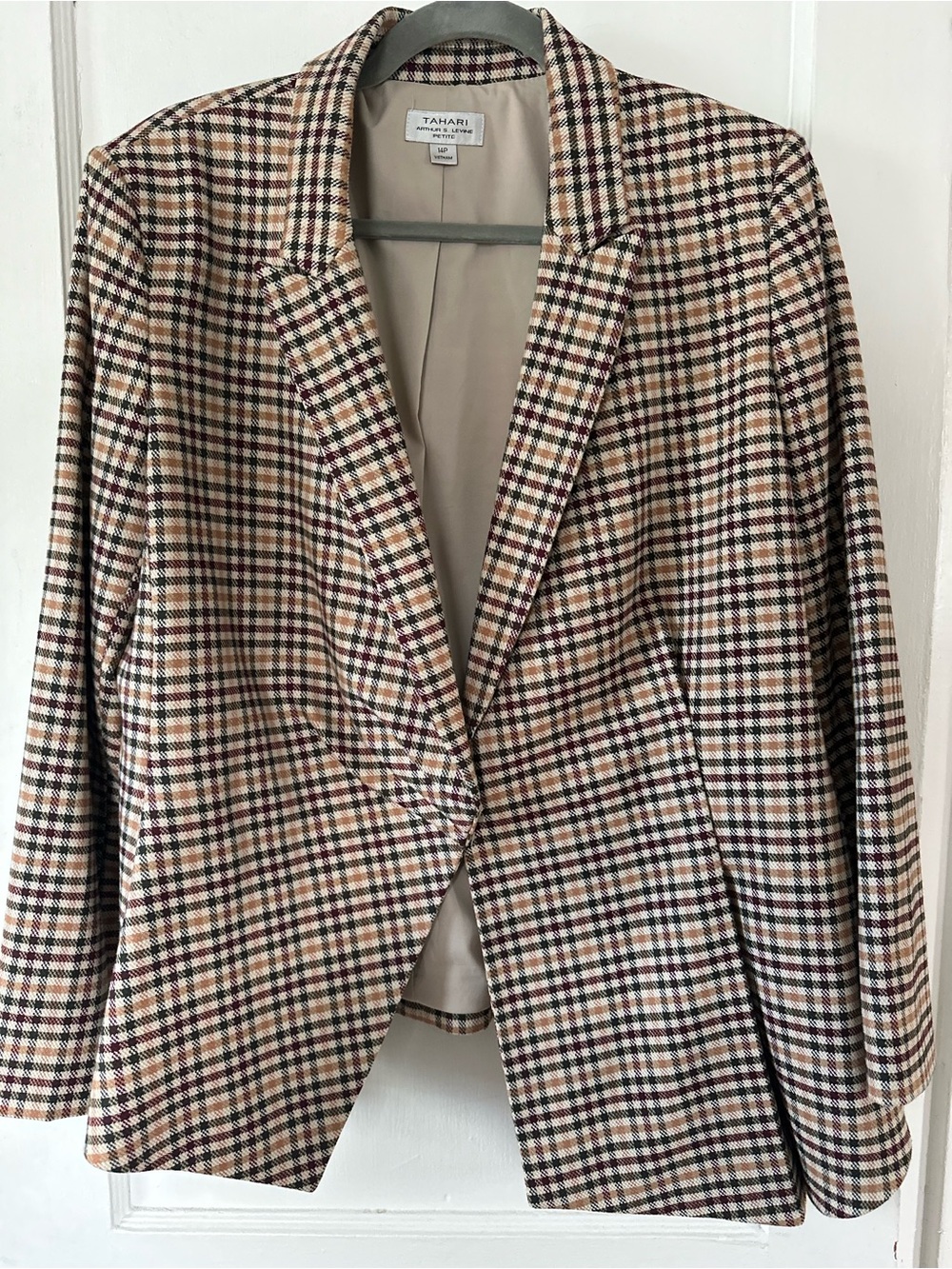 Tahari Beige Multi Plaid Tailored Blazer